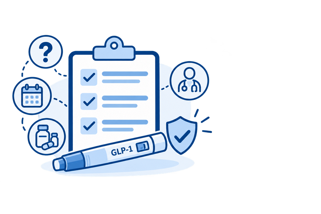 Illustratie van GLP-1-medicatie met een checklist, arts en verzekering.